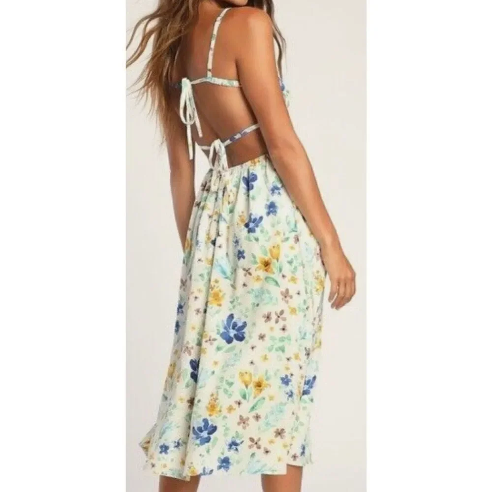 Lulus Happy Summer White Floral Print Double Tie-Back Midi Dress size xs